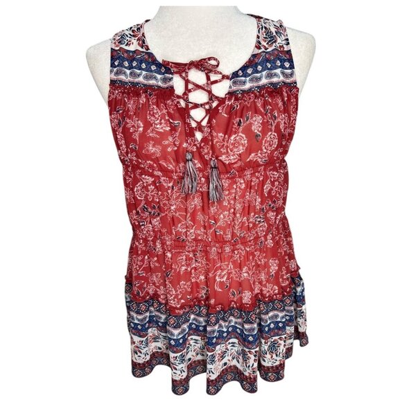 Knox Rose Tops - Knox Rose Boho Sleeveless Red White & Blue Floral & Paisley Blouse - Size XS